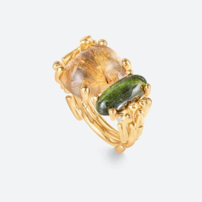 OLE LYNGGAARD COPENHAGEN BoHo ring double i gult gull med rutilkvarts og grønn turmalin.