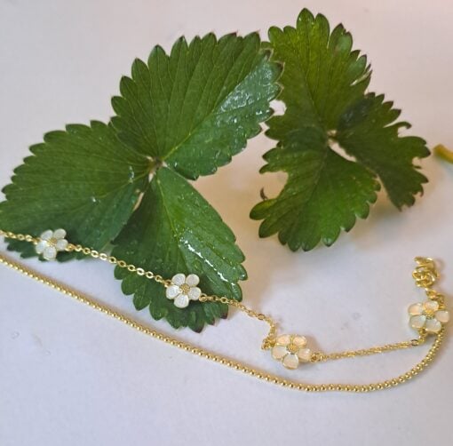 Liv 2-radet armbånd jordbærblomst i forgylt sølv med hvit emalje - Bilde 3