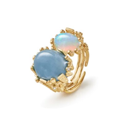 OLE LYNGGAARD COPENHAGEN  BoHo ring double i gult gull med opal og akvamarin
