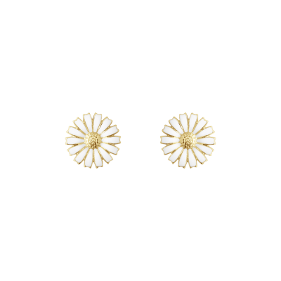 Georg Jensen “Daisy Earstud" i forgylt sølv med hvite emaljerte blomster