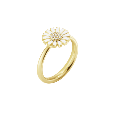 Georg Jensen "Daisy" ring i forgylt sølv med hvit emaljert blomst og diamanter