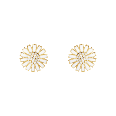 Georg Jensen “Daisy Earstud" i forgylt sølv med hvite emaljerte blomster og diamanter