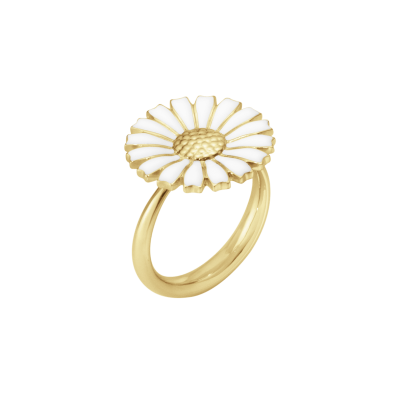 Georg Jensen "Daisy" ring i forgylt sølv med hvit emaljert blomst