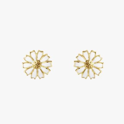 Georg Jensen “Daisy Earstud" i forgylt sølv med hvite emaljerte blomster, mini